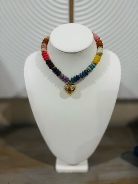 Multicolor Bead Necklace with Gold Heart Pendant